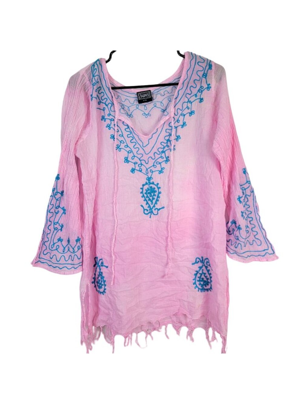 Bohemian Embroidered Tunic Shirt Women XL Pink Blue Boho Swim Cover Dress Top L